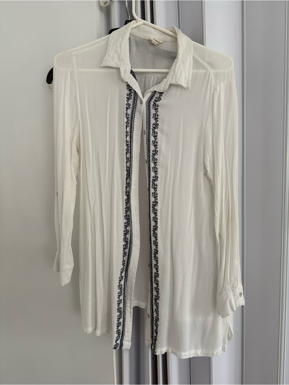 Listicle White Longline Tunic with Navy Embroidery